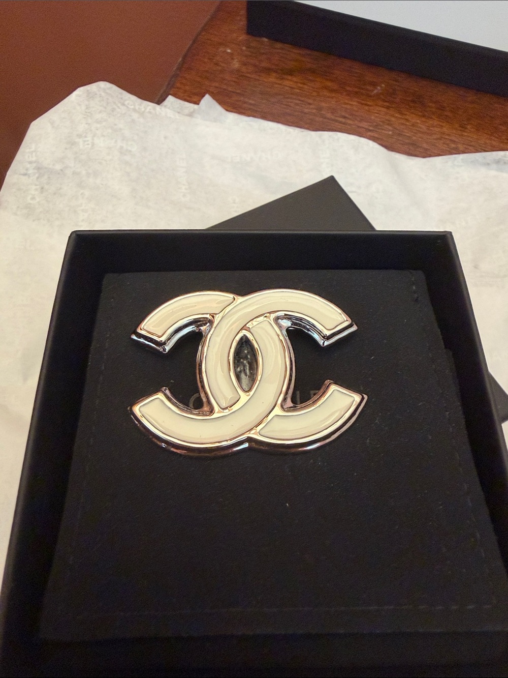 CHANEL Cream Enamel & Gold-Tone Interlocking CC Pin